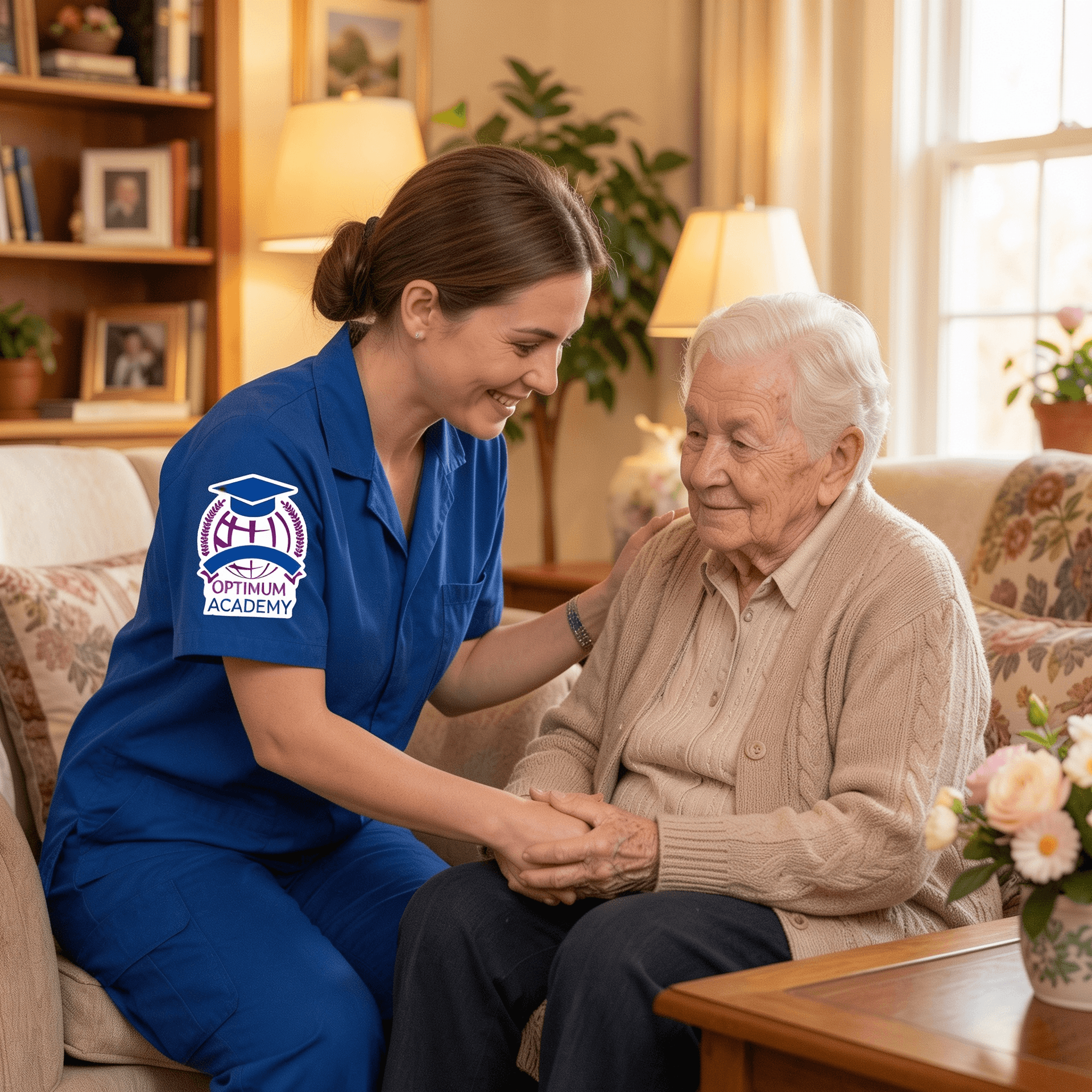 Dedicated support worker providing person-centred care to an elderly individual