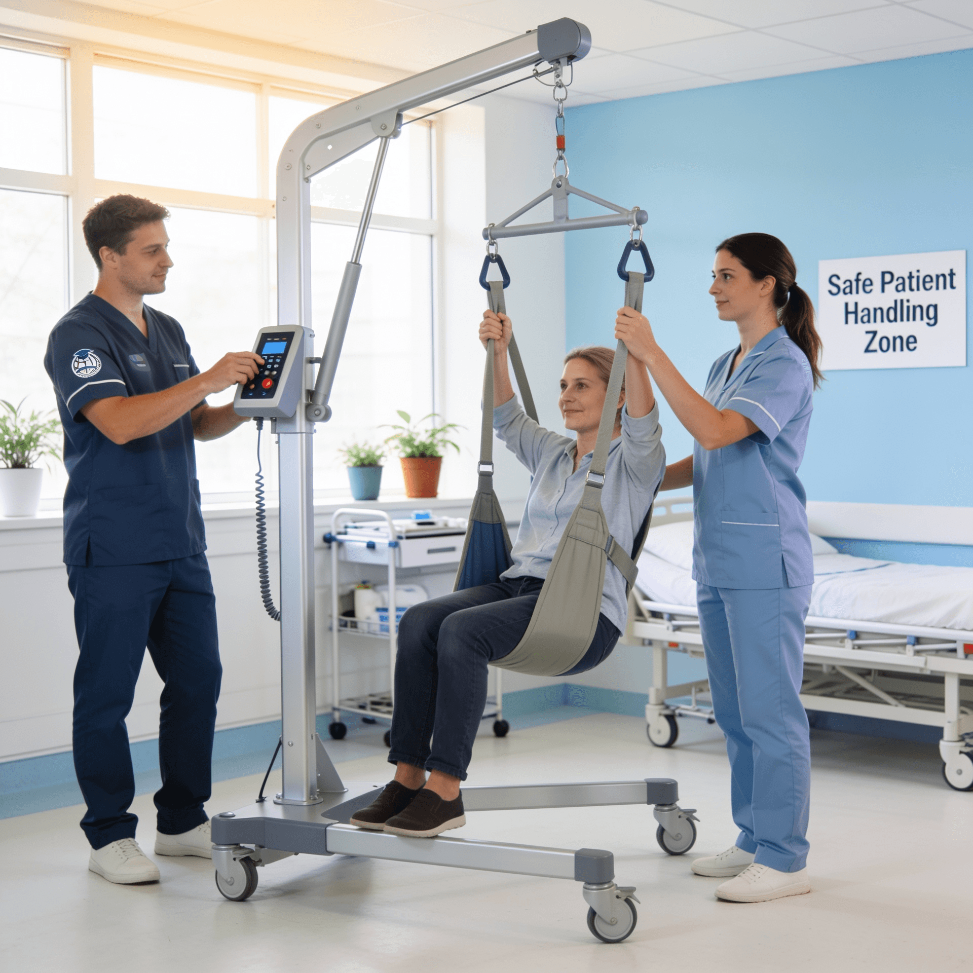 Care professionals demonstrating safe manual handling and workplace safety techniques