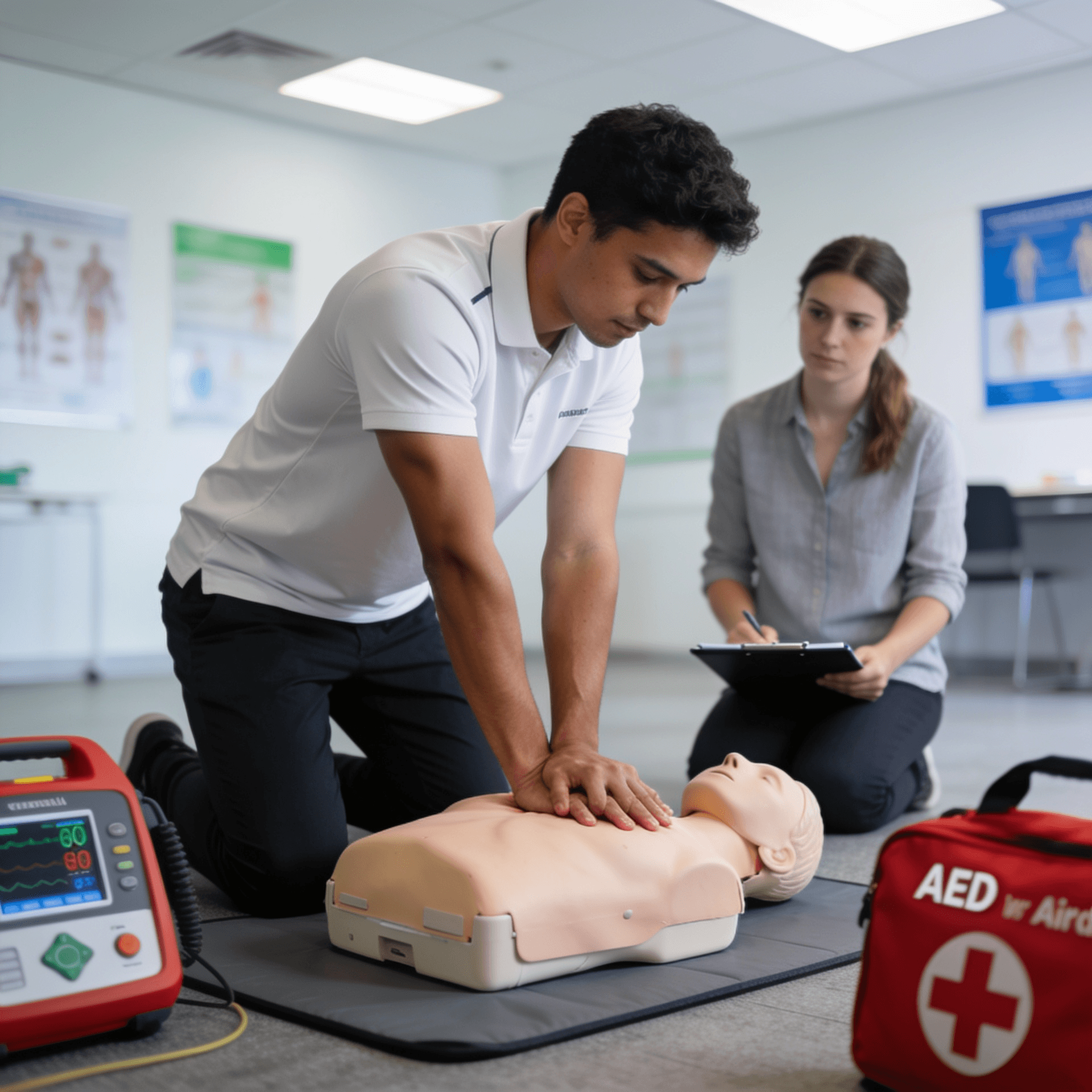 A diverse group of students practicing CPR techniques in a professional training environment