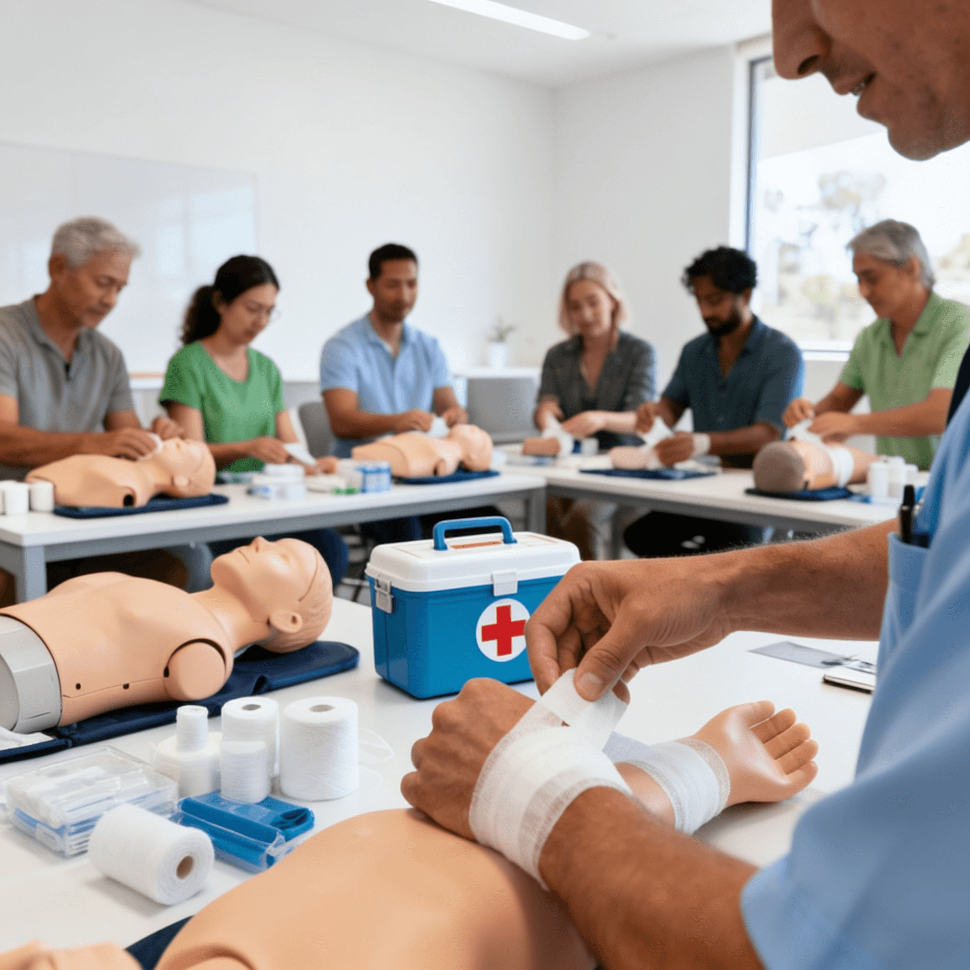 Professional first aid training session showing CPR practice on a manikin
